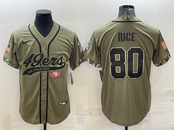 Men's San Francisco 49ers #80 Jerry Rice Olive 2022 Salute to Service Cool Base Stitched Baseball Jersey